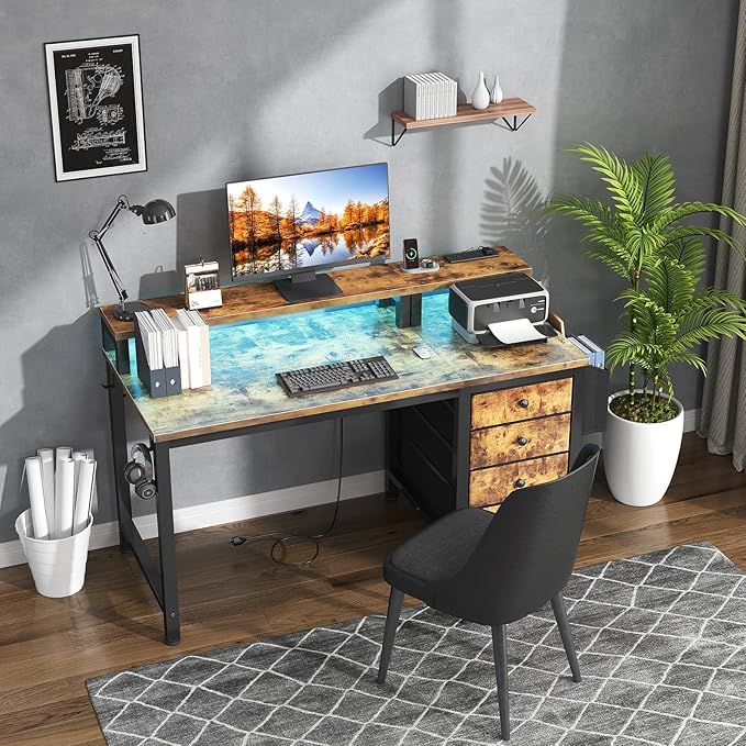 Lufeiya Reversible Gaming Desk with LED Lights and Power Outlets 47 inch Home Office Desk with Monitor Stand Computer Desk with Fabric Drawers Rustic Brown