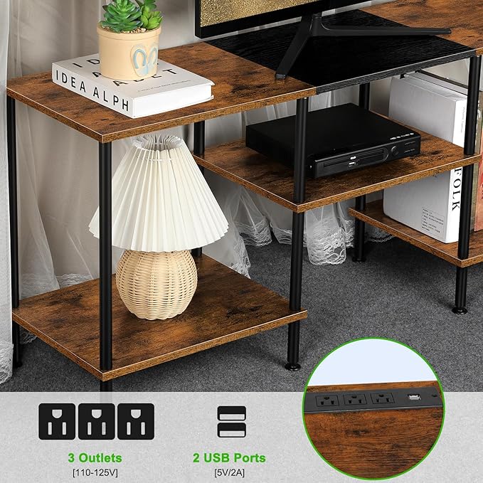 TV Stand for Bedroom 50 Inch TV Stand with Power Outlet 3 Tier Entertainment Center with Storage TV Console Table for 50 43 40 32 Inch TV Rustic Brown