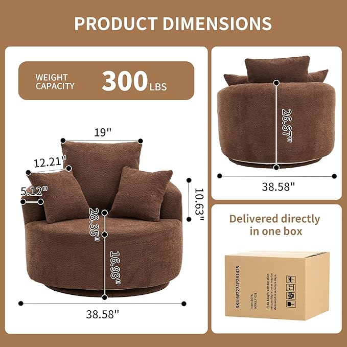 40” Brown Round Swivel Chair with 3 Pillows &amp Thick Cushion Oversized 360° Swivel Accent Chair Modern Boucle Armchair for Nursery Living Room Bedroom Club