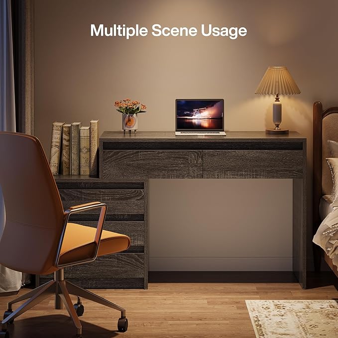 Tribesigns Computer Desk with 5 Drawers Executive Home Office Desk with File Cabinet and Printer Stand Industrial Rustic Wood Desk for Small Spaces Study Writing Workstation (Gray)