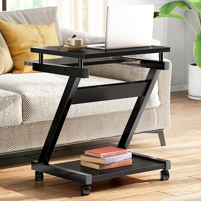 sogesfurniture Mobile Computer Desk Small Rolling Work Workstation for Home and Office with Printer Shelf Keyboard Drawers23.6 x 18.9 x 28.7 InchesBHUS-DX-8110-BB(Black)