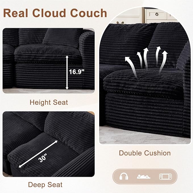 108” Modular Sectional Sofa Couches L Shaped Couch 3 Seater Cloud Sofa Memory Foam Sectional Couches for Living Room Boneless Couch with Ottoman Corduroy Black