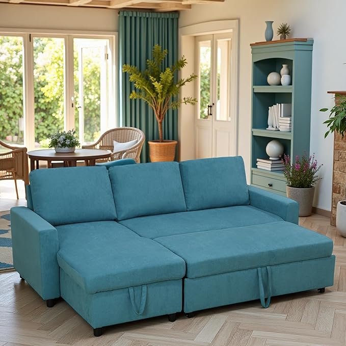 Sleeper Sofa Couch 2 in 1 Pull Out Couch Bed with Storage Chaise Small L Shaped Sectional Sleeper Sofas Bed Convertible Pullout Sofa for Living Room Blue