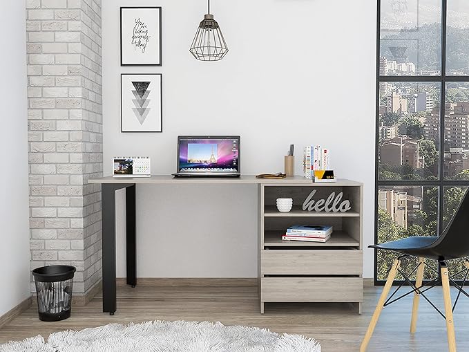 Home Office Desk Modern Writing Desk with File Drawer Two Drawers Two Shelves -Light Gray