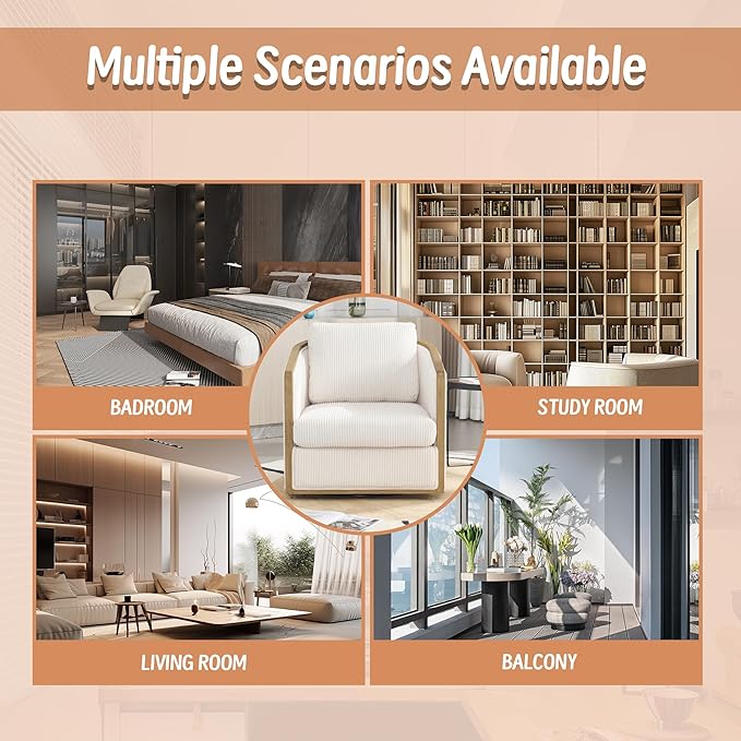 360 Degree Swivel Barrel Club Chair Comfortable Accent Sofa Chair for Living Room Leisure Armchair with Sturdy Hardwood Frame and Metal Base for Nursery Hotel Bedroom Office Lounge (Beige)