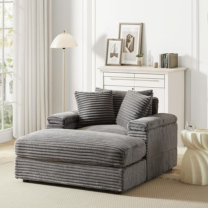 Chaise Lounge Chair Indoor 44 Inch Comfy Corduroy Sectional Cloud Couch Upholstered Single Sofa w/Movable Ottoman for Living Room Bedroom Apartment Grey