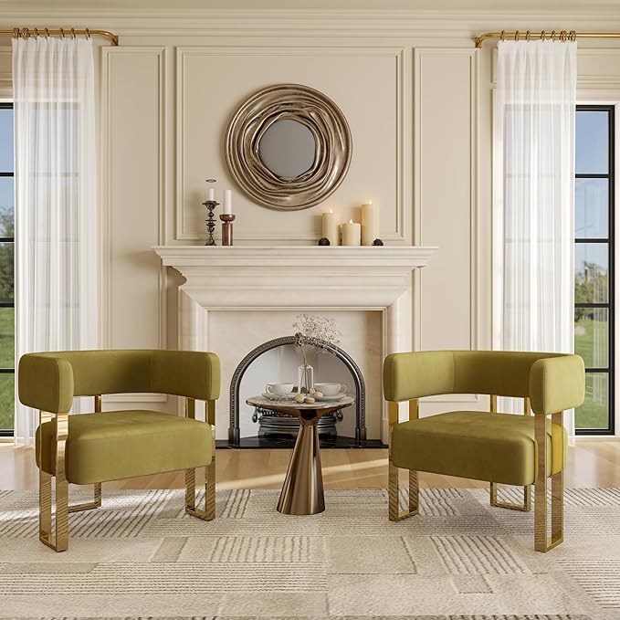 Modern Barrel Accent Chairs Set of 2 Comfy Upholstered Velvet Armchairs for Living Room with Semi-Open Back Reading Accent Chairs with Gold Metal Legs for Bedroom Vanity Reception Olive Green