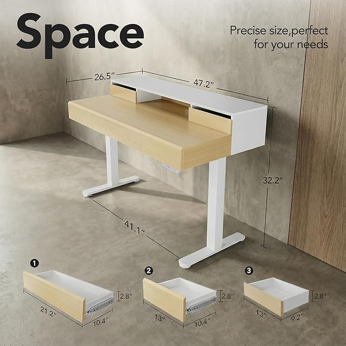 ErGear Electric Standing Desk with 5 Solid Wood Drawers 48 x 26 Inches Whole Piece Desktop with Desktop Riser Stand Compatible with C-Clamp Monitor Arms Modern Office Desk Light Walnut