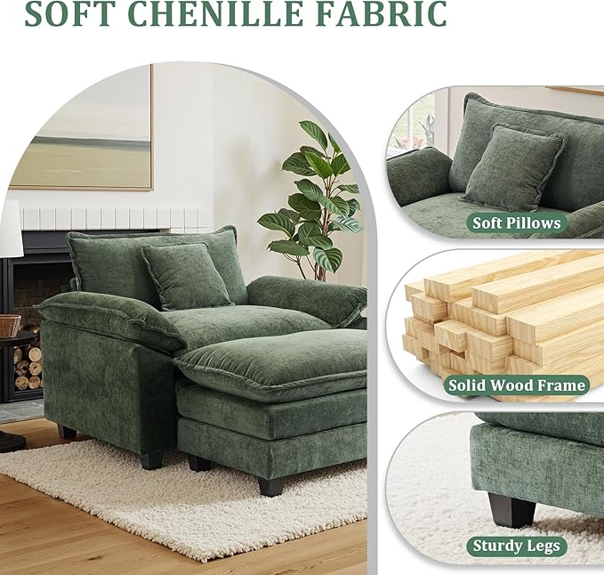 Oversized Accent Chair with OttomanOversize Chair Chenille Sofa with ArmrestsComfy Living Room Sofa with Deep Seat &amp PillowsOversized Reading Accent Chairs Couch Lounge for BedroomGreen