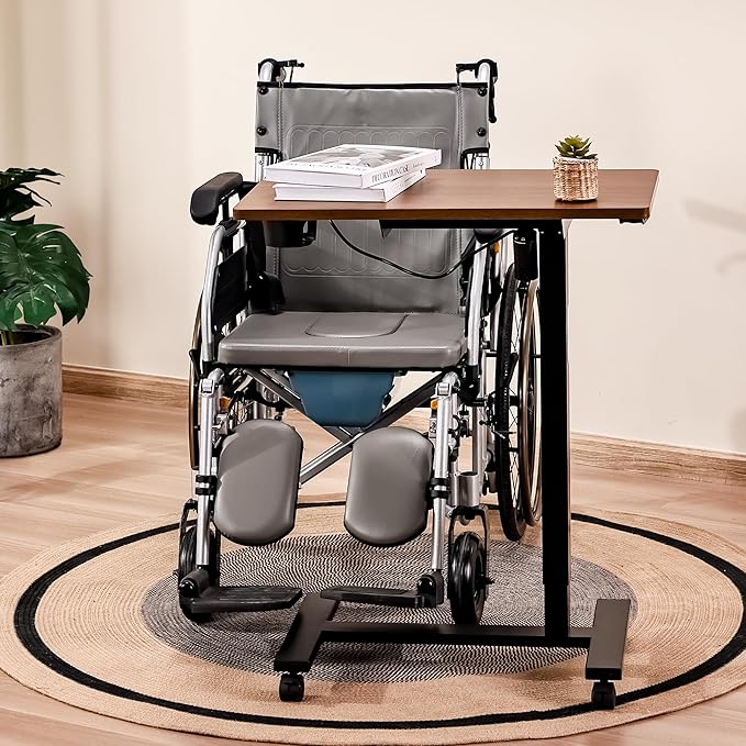 Electric Overbed Table with Wheels Height Adjustable Bedside Sofa Couch Side Tables C Shaped Mobile Standing Small Laptop Desk for Home Office Dark Walnut