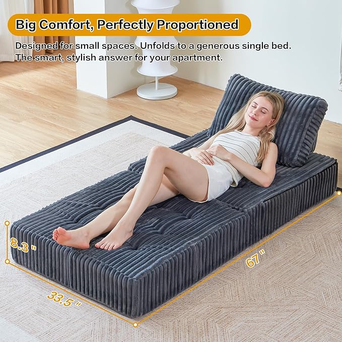 Folding Sofa Chair Foldable Floor Sofa Bed with Corduroy Convertible Sleeper Chair Single Portable Fold Out Chair Bed for Adults Folding Futon Mattress for Small Spaces Apartments