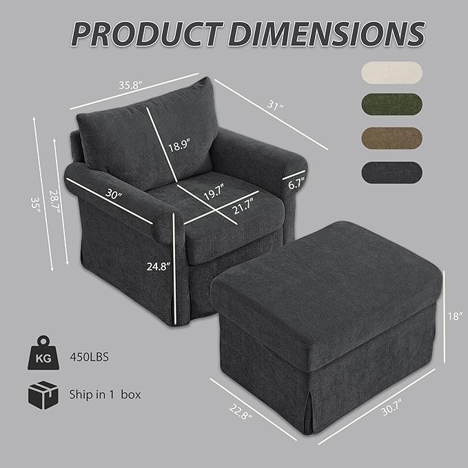 Modern Accent Chairs with Ottoman Comfy Chenille Reading Armchair with Rolled Arms and Cushion Backrest 35.8 W Chaise Lounge Chair for Living Room Bedroom Study Apartment Dark Grey