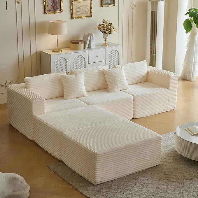 110 Modular Sectional Couch with 2 Movable Ottoman Cloud Sofa Couches for Living Room U Shaped Deep Seat Boneless SofaLuxury Corduroy Fabric No Assembly Required White