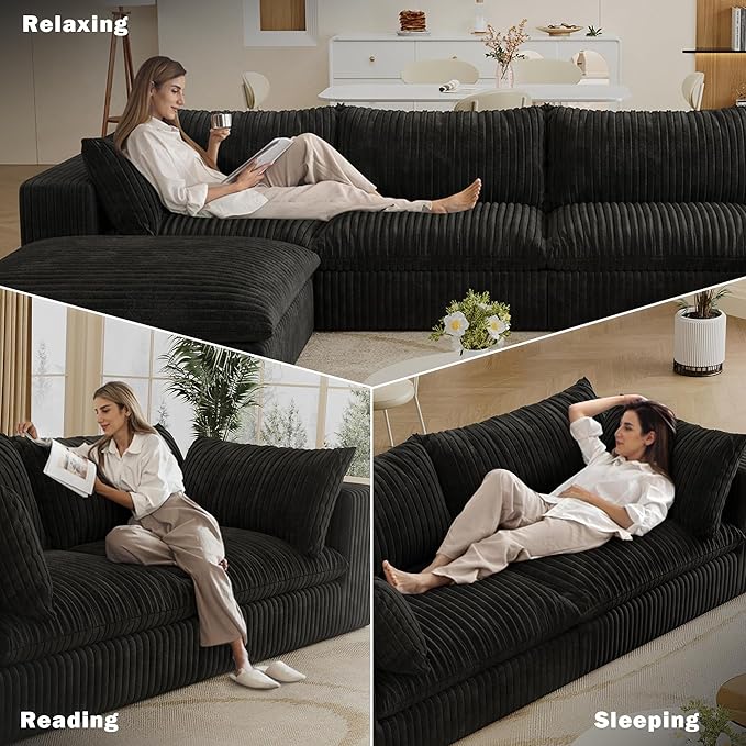 157.6 Modular Sectional Sofa Cloud Couch with 2 Ottoman Modern Boneless Couch with Plush Corduroy Fabric No Assembly Fluffy Deep Seat Upholstered Sofa for Living Room (Black U Shape)