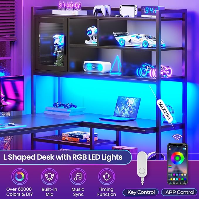 SEDETA L Shaped Computer Desk 58'' Office Desk with LED Light and Bookshelf L Shaped Corner Desk with Storage Shelves for Home Office Gaming Desk L Desk Black