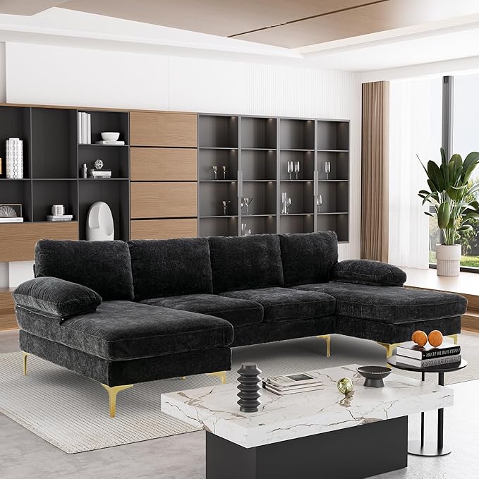 112 Cloud Sectional Sofa with Extra Deep SeatU Shaped Sectional Couches for Living Room4 Seater Chenille Sofas &amp CouchesModern Apartment Couch with Double Chaise Lounge (Black)