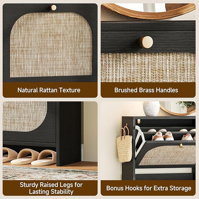 Nicetree Freestanding Arched Rattan Accent Ultra Slim Shoe Cabinet for Entryway - 4 Flip Drawers &amp 3-Tier Adjustable Shelves Farmhouse Modern Rustic Shoe Rack for Hallway Foyer Living RoomBlack