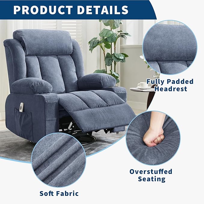 Oversized Swivel Rocker Recliner Chair with Heat &amp Massage 3-Position Adjustable Nursery Recliner for Adults Dual Cup Holders Side Pockets USB Charging Ports Blue