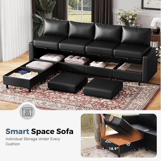 ABCASA 118.5 Faux Leather Modular Sectional Sofa L Shaped Couch Set for Living Room 6-Seater Comfy Cloud Couches with Movable Storage Ottoman Black