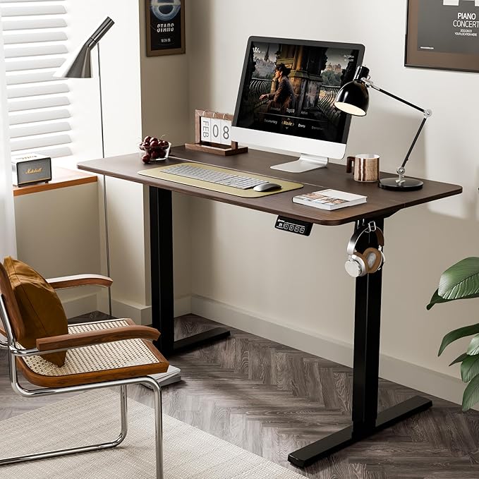 ERGOMAKER Electric Standing Desk 43.3 x 23.6 Height Adjustable Sit Stand Desk with Splice Board for Home Office Computer Desk Memory Preset (Black Frame Walnut Desktop)