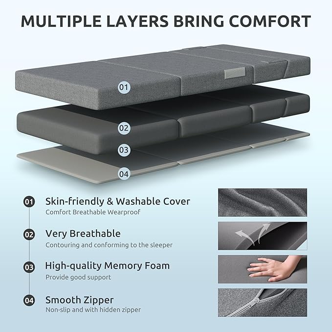 Youzi Foldable Sofa Bed Twin Sleeper Sofa Bed Couch for Guests 6 Inches Four-fold Foam Folding Chair for Home and Livingroom Washable Cover Dark Gray 75 x 39 x 6