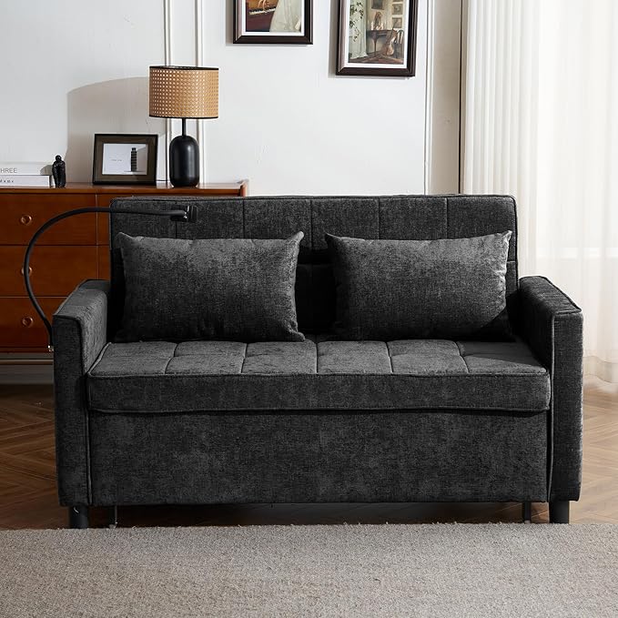 Merax Pull-Out Sleeper Sofa Bed with Reversible Backrest and Two Throw Pillows 3 in 1 Foton Couch with USB Ports &amp Phone Holder Chenille Loveseat for Living Room Black