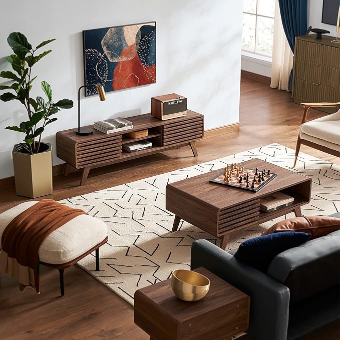 mopio Ensley 59 TV Stand with Slatted Door Mid Century Modern Entertainment Center for 55/60/65 inch TV Farmhouse Media Console with Storage Adjustable Shelves Round Edges Living Room (Walnut)