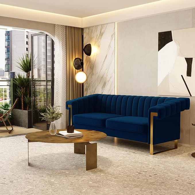 Mid-Century Modern Blue Velvet Sofa with Gold Metal Legs 83.86 Luxury Chesterfield Comfy Couches for Living Room (Velvet Blue)