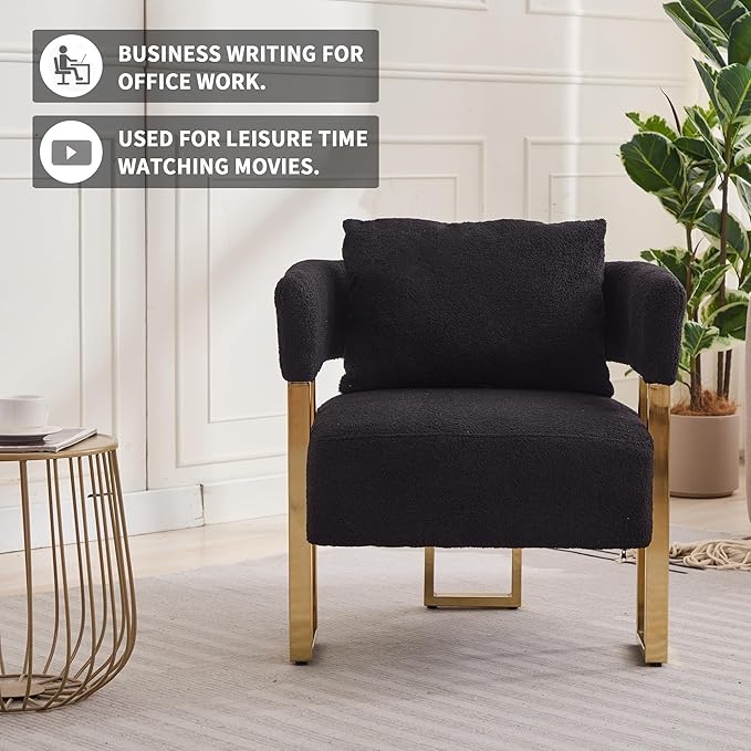 Yisheng Modern Barrel Accent Chairs Set of 2 Living Room Side Chairs with Golden Metal Legs Soft Upholstered Reading Armchairs no Wheels for vanity/Reception Room//Bedroom/Lounge/Office（Black Teddy）