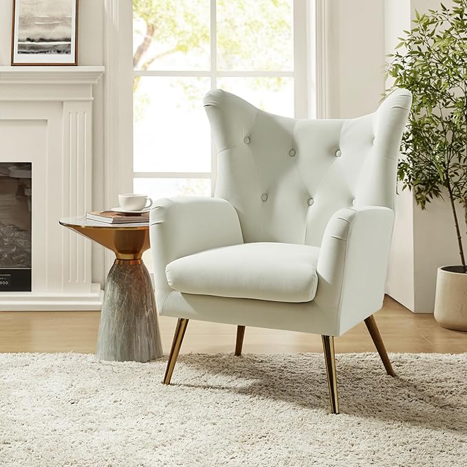 HULALA HOME Velvet Accent Chair Set of 2 Modern Wingback Arm Chair with Metal Gold Legs Velvet Tufted Upholstered Single Sofa(Ivory)