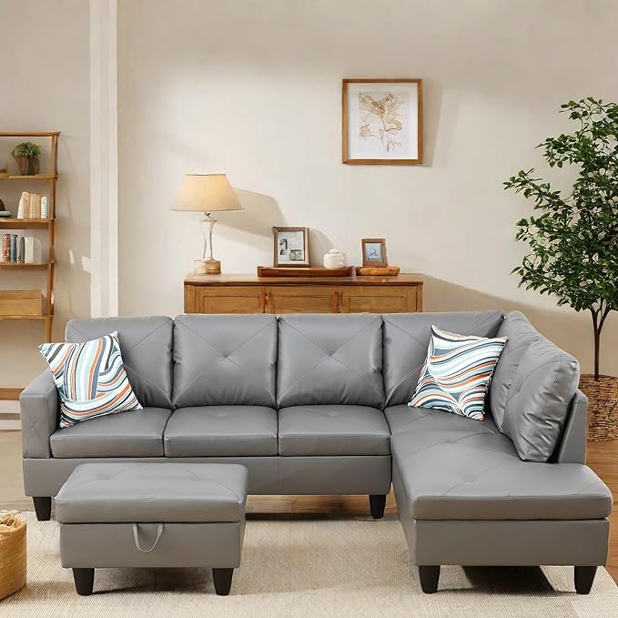 FONTOI L Shaped Sectional Couch with Otttoman 97 Leather Sectional Sofa for Living Room Modular Couches with Cup Holders for Bedroom Apartments Dark Grey