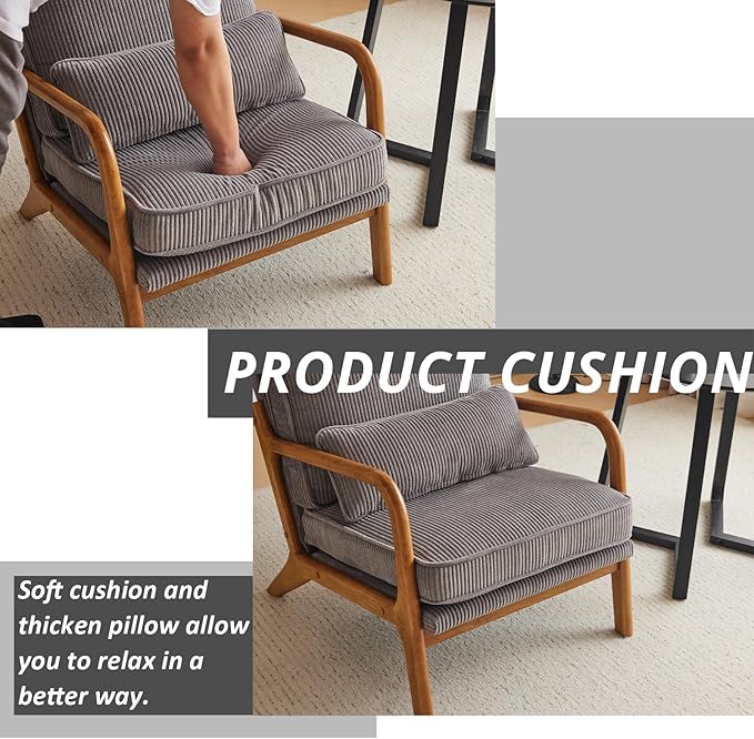 Karl home Mid-Century Modern Accent Chair Living Room Chairs with Pillow Corduroy Upholstered Lounge Armchair with Solid Wood Frame &amp Soft Cushion for Bedroom Reading Room Gray