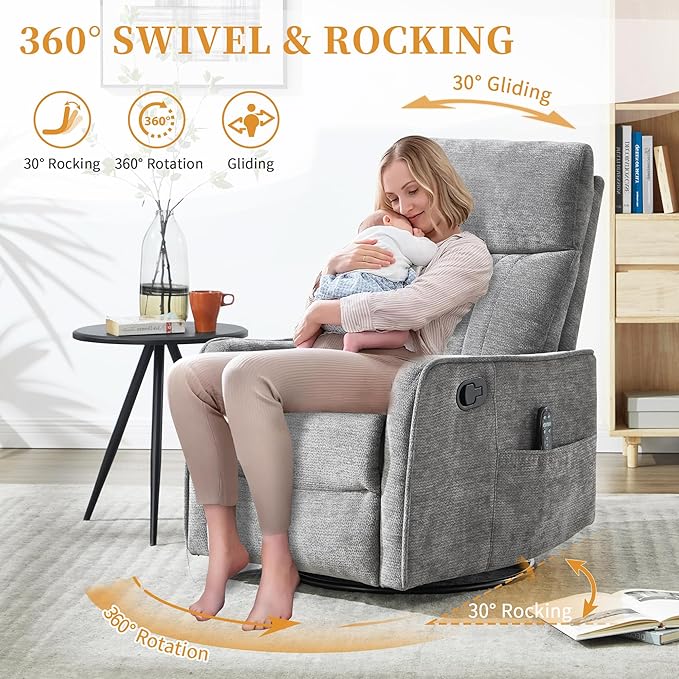 Small Swivel Rocker Recliner Chair for Nursery Heat &amp Massage Manual Upholstered 360° Fabric Glider Chair Small Recliners for Small Spaces Living Room (Dark Grey)