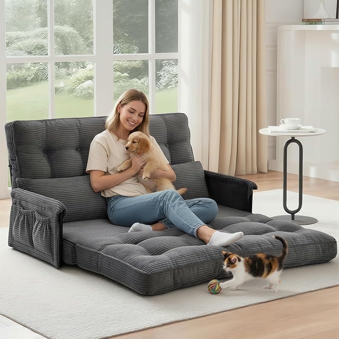 5-Position Adjustable Floor Sofa CouchMulti-Functional Bean Bag BedFoldable Lazy Sofa Sleeper Bed with ArmrestIdeal for Reading and Playing (Dark Grey)