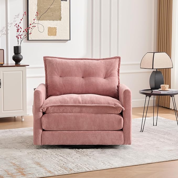 Swivel Accent Chair Modern Chenille Arm Chair Comfy Upholstered Accent Chair with 360 Degree Rotating Metal Base Single Sofa Chairs for Living Room Bedroom Reading Room Pink