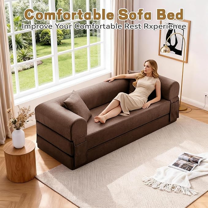 Convertible Sleeper Sofa Bed78.5 Inch Faux Leather Futon Couch with Pillows &amp Storage Pocket5-in-1 Folding Sofa Bed Queen with Pull Out BedsBoneless Couches for Living RoomCouch in a BoxBrown