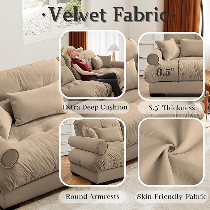 166 Modular Sectional SofaVelvet Upholstered Couches for Living Room4 Seater Camel Sofa Couch with Armrest &amp PillowsBig Comfy Cloud Couch with Deep Seats for Living RoomApartmentBedroom