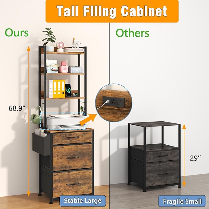 GYIIYUO 2 Drawer File Cabinet with 24'' Extended Desktop 3 Drawer Tall File Cabinet with Charging Station