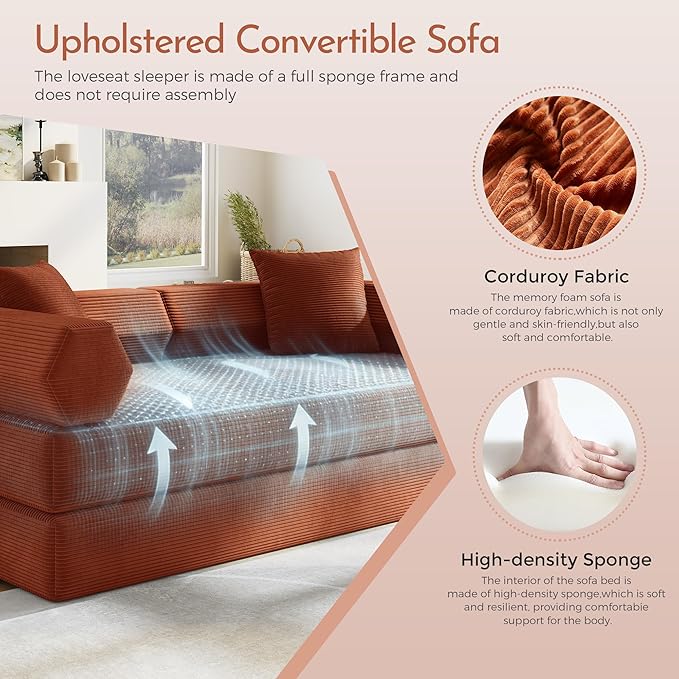 79'' Convertible Sofa Bed 5-in-1 Folding Sleeper Couch with Pull Out Bed Corduroy Modular Floor Sofa No Assembly Space Saving Guest Bed for Living Room Apartment Bedroom (Orange1) | Convertible Sof