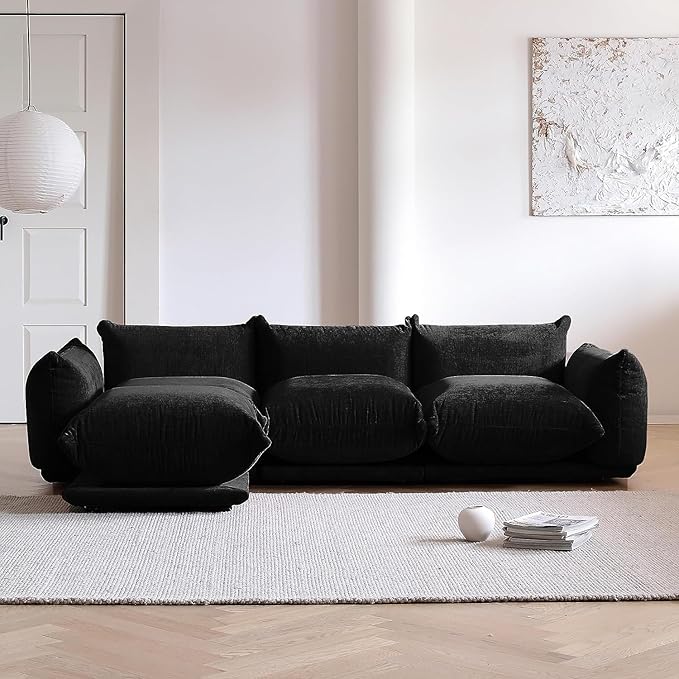 JACH 103 L-Shaped Sectional Couch Minimalist Chenille Modular Sofas Couches Mid-Century Sofa Sectionals with Reversible Chaise Ottoman for Living Room Office Apartment Black