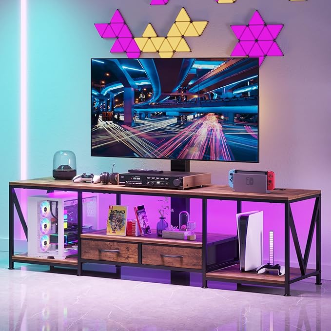 63 W TV Stand with Mount for 556575 TVEntertainment Center with Power Outlet&ampLed LightsHeight Adjustable TV Console Table with Open Storage Shelves&ampFabric Drawers (Rustic Brown 63“W)