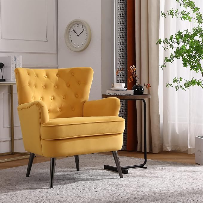 Living Room Chairs Button Tufted Accent Chairs Comfy Bedroom Chair Velvet Side Sitting Chairs Modern Fabric Sofa Slipper Chair for Reading Yellow