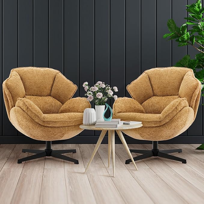 IWMH Swivel Accent Chair Set of 2 Upholstered Accent Chair Comfy Padded Cross Armchair Metal Frame &amp Wide Seat Lazy Chair Leisure Sofa Chair for Living Room Bedroom (Yellow*2)