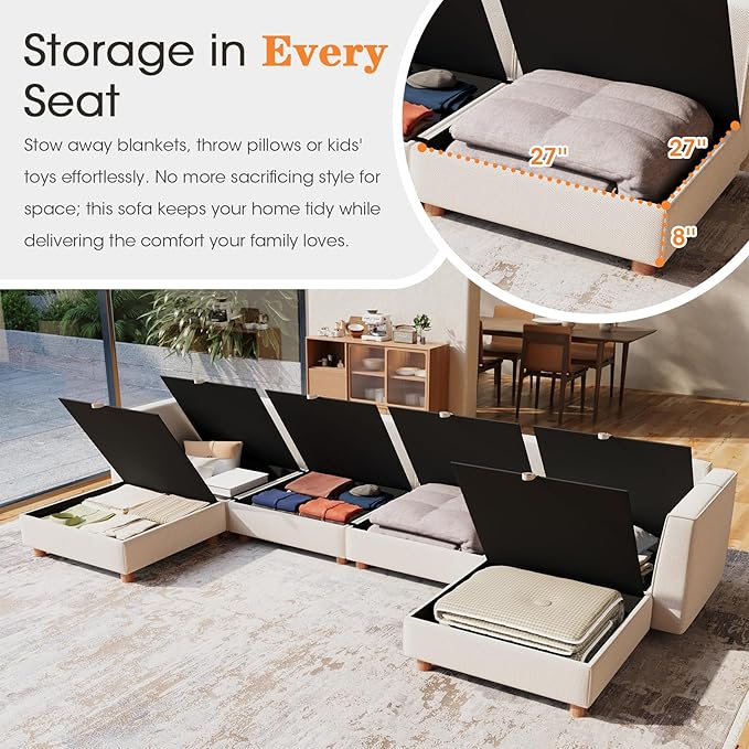 128 6 Seat Modular Sectional Sofa with Storage Sturdy Solid Wood Structure Modular Sectional Sofa Cloud Couch Washable Spacious Couches for Living Room Apartment Loft Beige