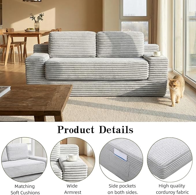 71 Corduroy Cloud Loveseat Sofa Bed Pull Out Convertible 2-in-1 Boneless Couch Deep Seat 2-Seater Design No Assembly Floor Sofa with Side Pockets for Living Room Bedroom Apartment (Grey)