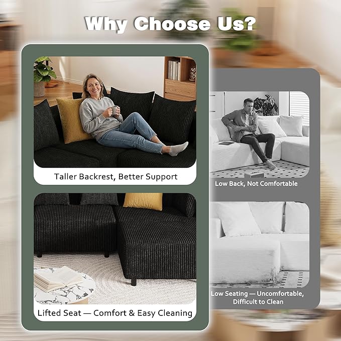 Modern Oversized Modular Sectional Sofa Boneless Cloud L Shaped Couch with Legs Corduroy Big Comfy Deep Seat Sofa for Living Room &amp Apartment（Black146″L Shaped Sofa）