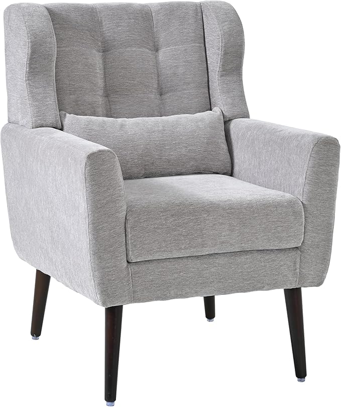 Modern Accent Chair Chenille Fabric Upholstered Tufted Side Chair Wingback ChairMid Century Reading Armchair with Waist Pillow Backrest for Living Room Bedroom (Grey)