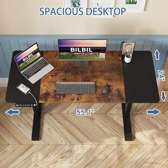 bilbil Height Adjustable Electric Standing Desk 55 x 24 Inches Sit Stand up for Work Office Home Ergonomic Rising Computer Table with Memory Preset with Splice Desktop (Rustic Brown Black)