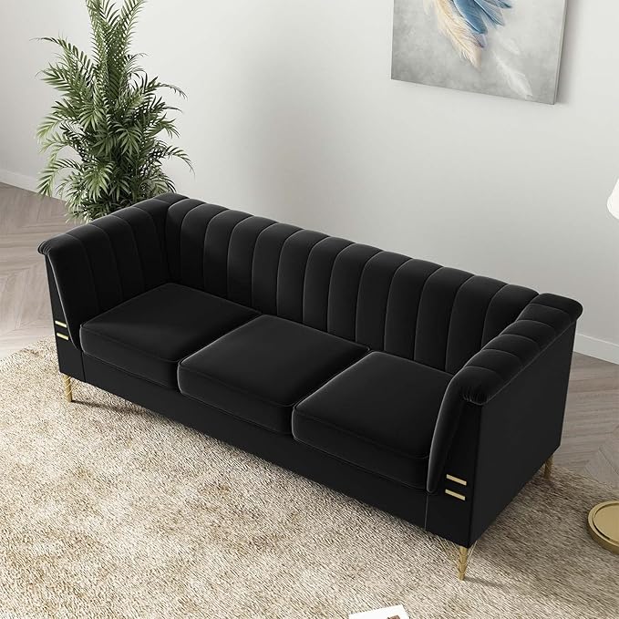 Tomkate 83 Black Velvet Chesterfield Sofa Mid-Century Modern Tufted 3-Seater Couch with Flared Arms Removable Cushions &amp Gold Metal Legs for Living Room (Black)