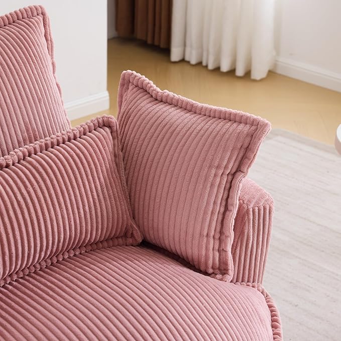 Karl home Swivel Accent Barrel Chair Single Sofa with 3 Pillows 360 Degree Modern Lounge Armchair Chair Comfy Round Reading Chair Corduroy Armchair for Living Room Bedroom Lounge Pink